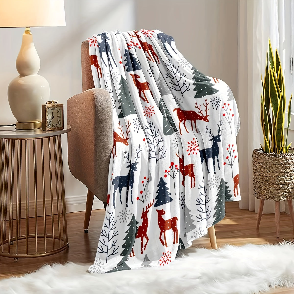 1pc Throw Blanket, Christmas Theme Deer Pattern Printed Blanket, Warm Cozy Soft Blanket For Couch Bed Sofa Car Office Camping Travelling, Gift Blanket Suitable For All Seasons