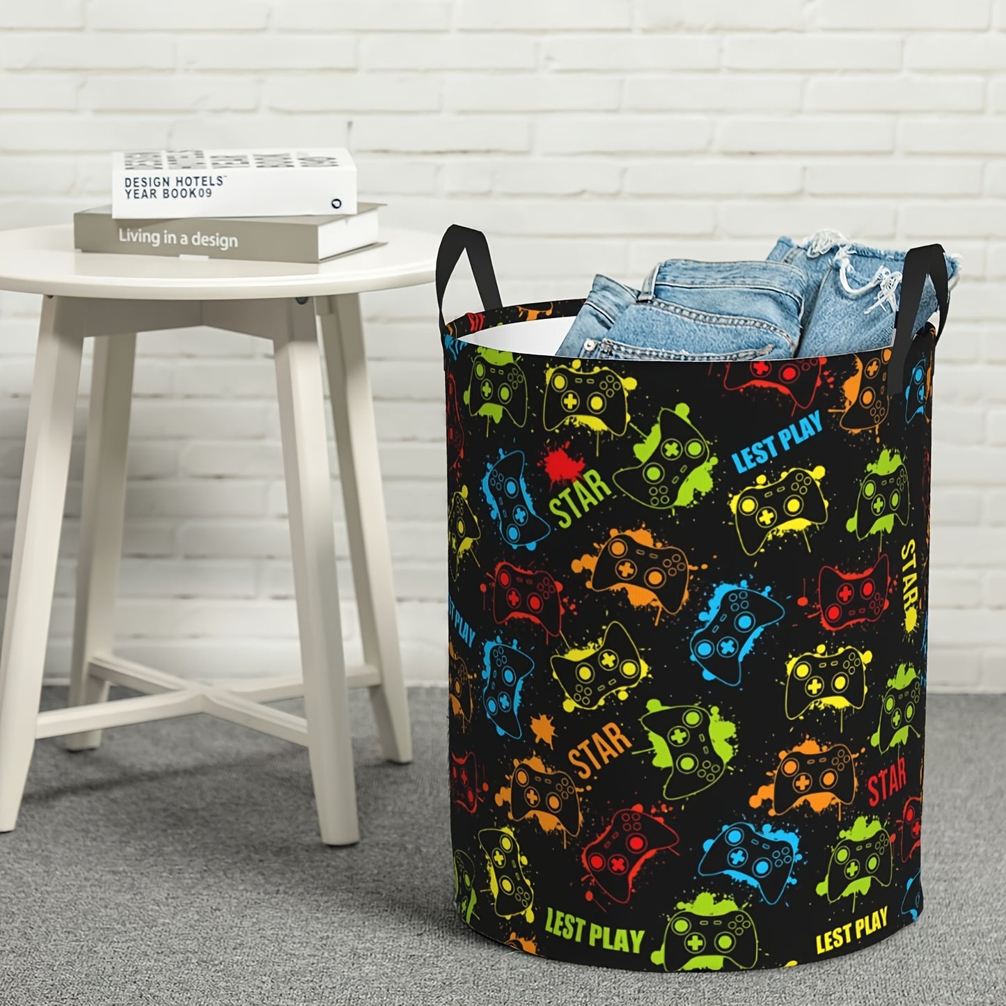 Gamer Laundry Basket with Handles - Casual Polyester Round Gamepad Storage Hamper for Bedroom, Gaming Room Decor, Dirty Clothes Organizer - Premium  from Lizard Vigilante - Just $15.99! Shop now at Lizard Vigilante