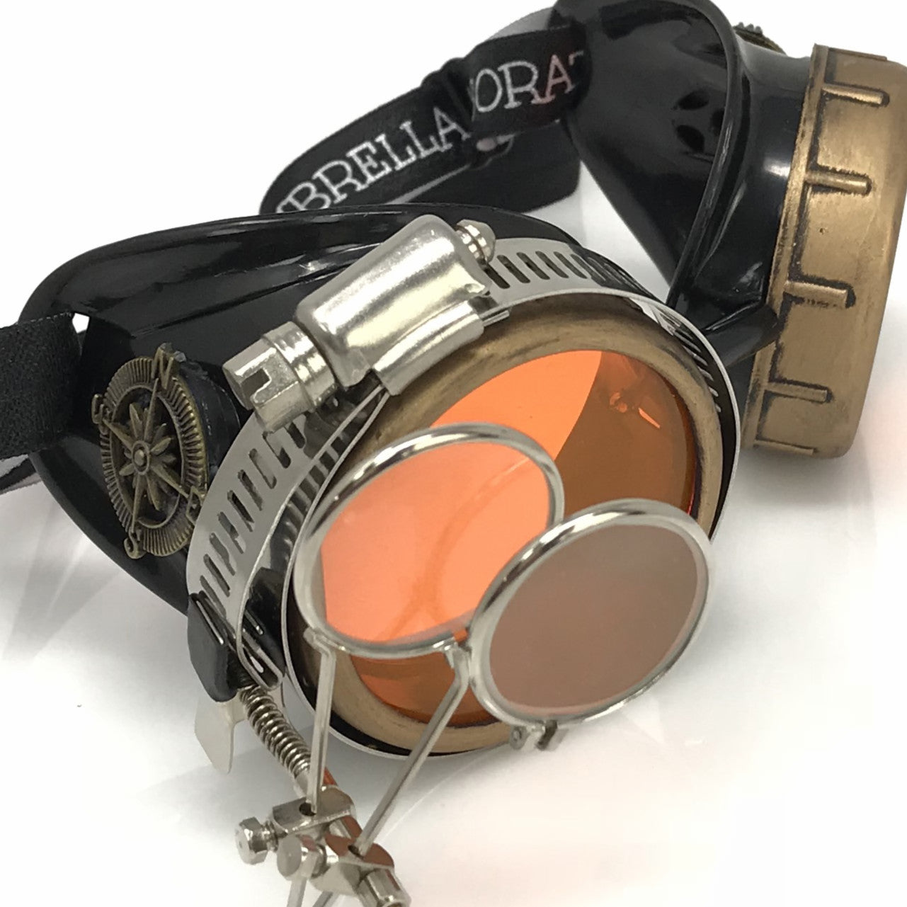 Steampunk Goggles with magnifying loupes UV glow neon orange lenses