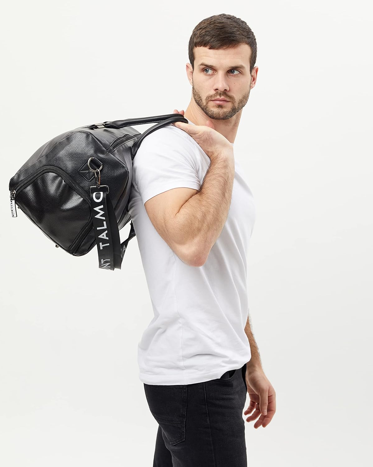 17.7 inch Gym Duffle Leather Bag with Shoe Compartment for Sports Travel - Adjustable Shoulder Strap, Weekender Travel Overnight Bag for Men