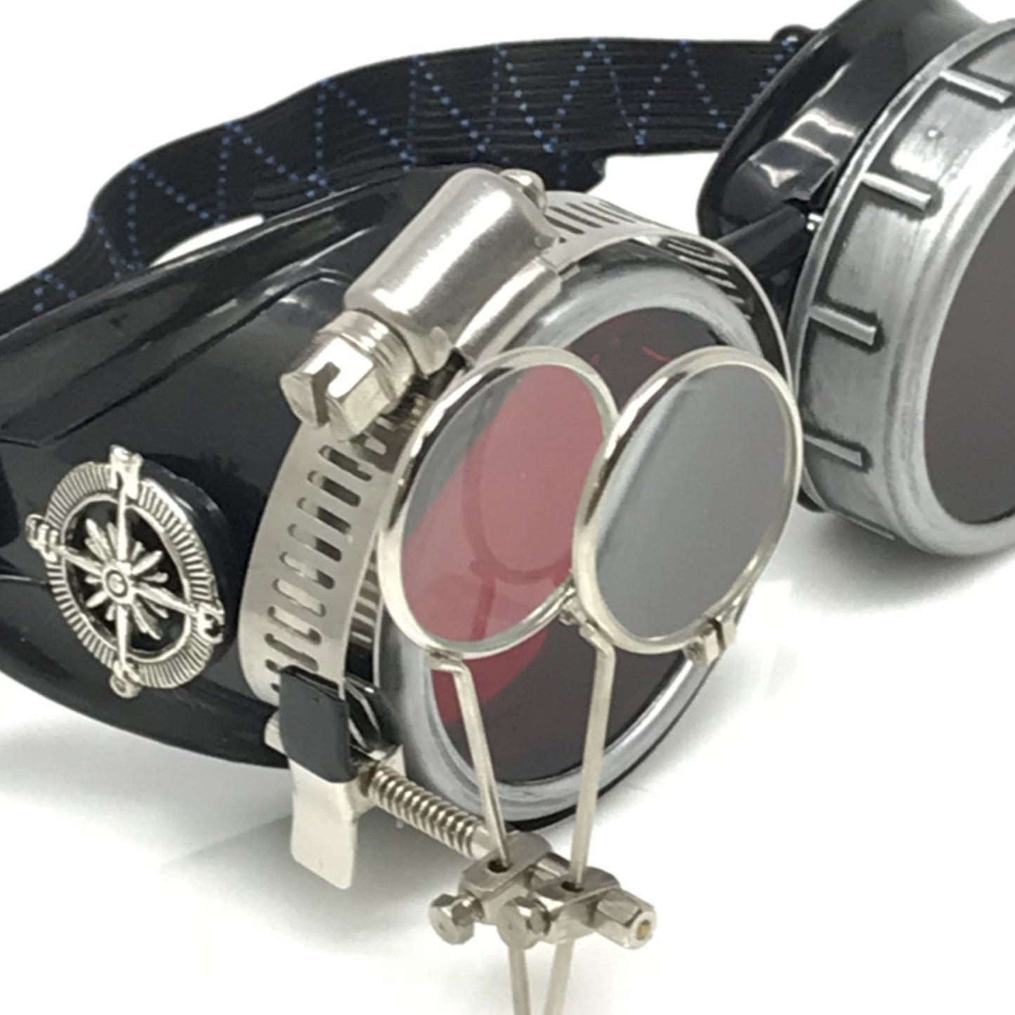 Diesel goth punk Metallic Goggles with magnifying eye loupes red lenses