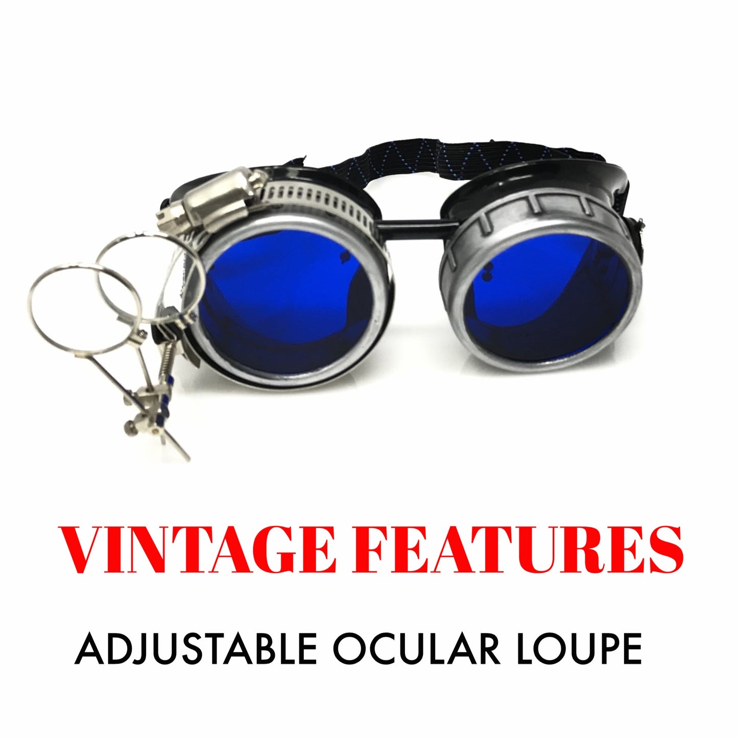 Diesel goth punk Metallic Goggles with magnifying eye loupes blue lenses
