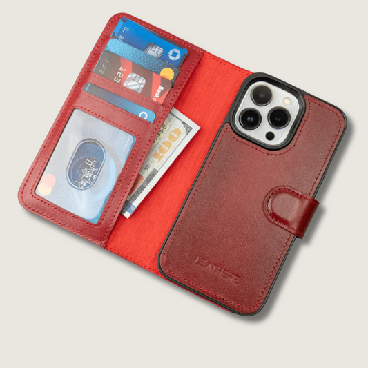 iPhone 16 Series Red Leather Wallet Case - New York