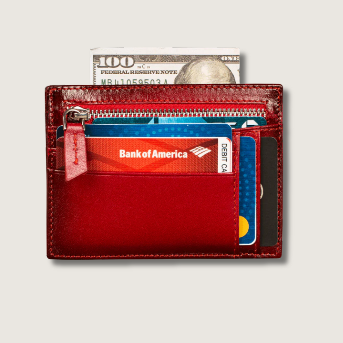 Vibrant Leather Card Holder with Zipper Pocket - Glossy Red - Concord