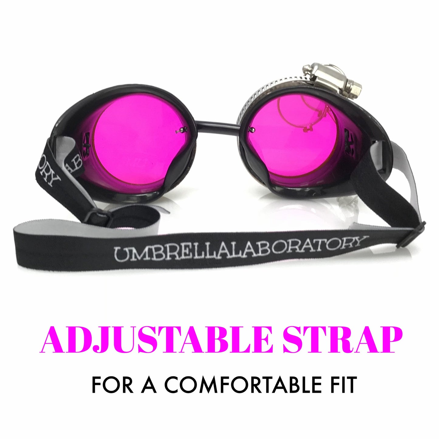 Steampunk Goggles with magnifying loupes UV glow neon pink lenses