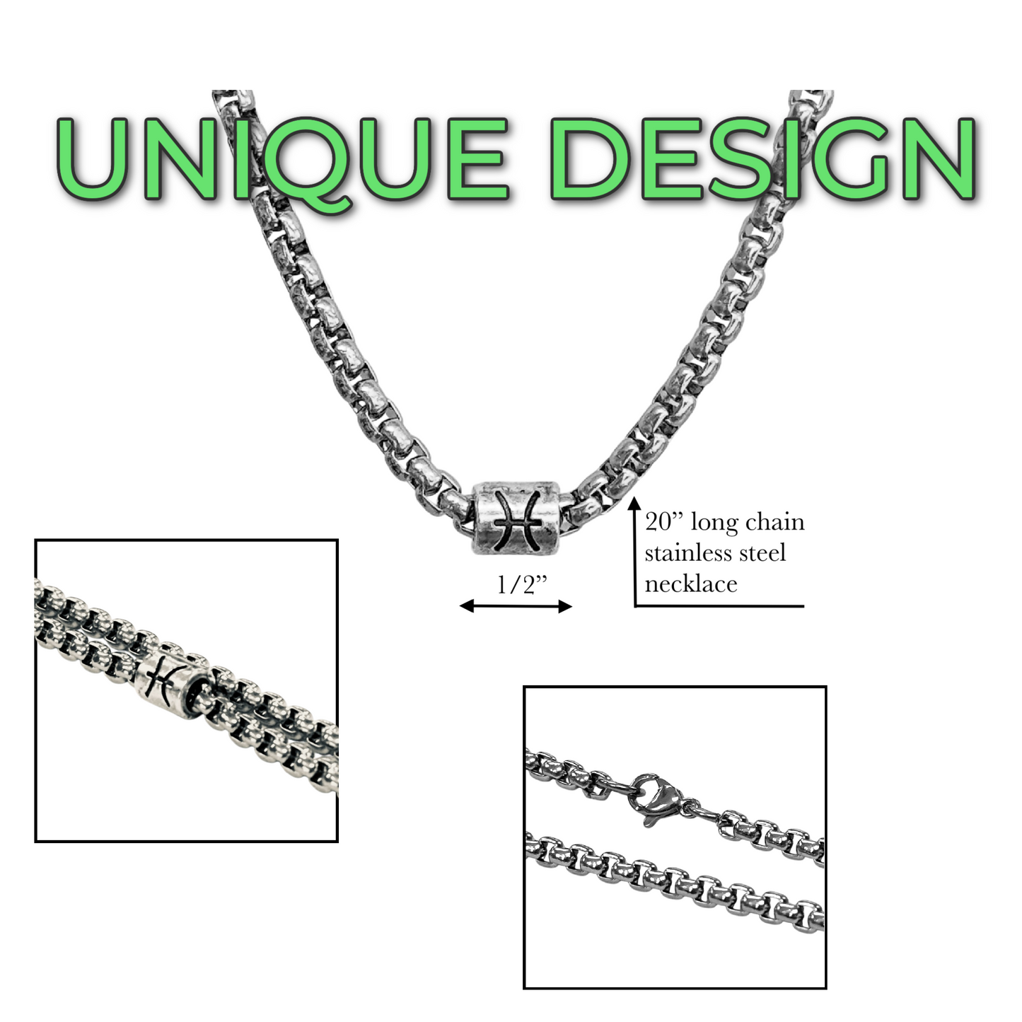 Horoscope stainless steel box chain zodiac necklace for men