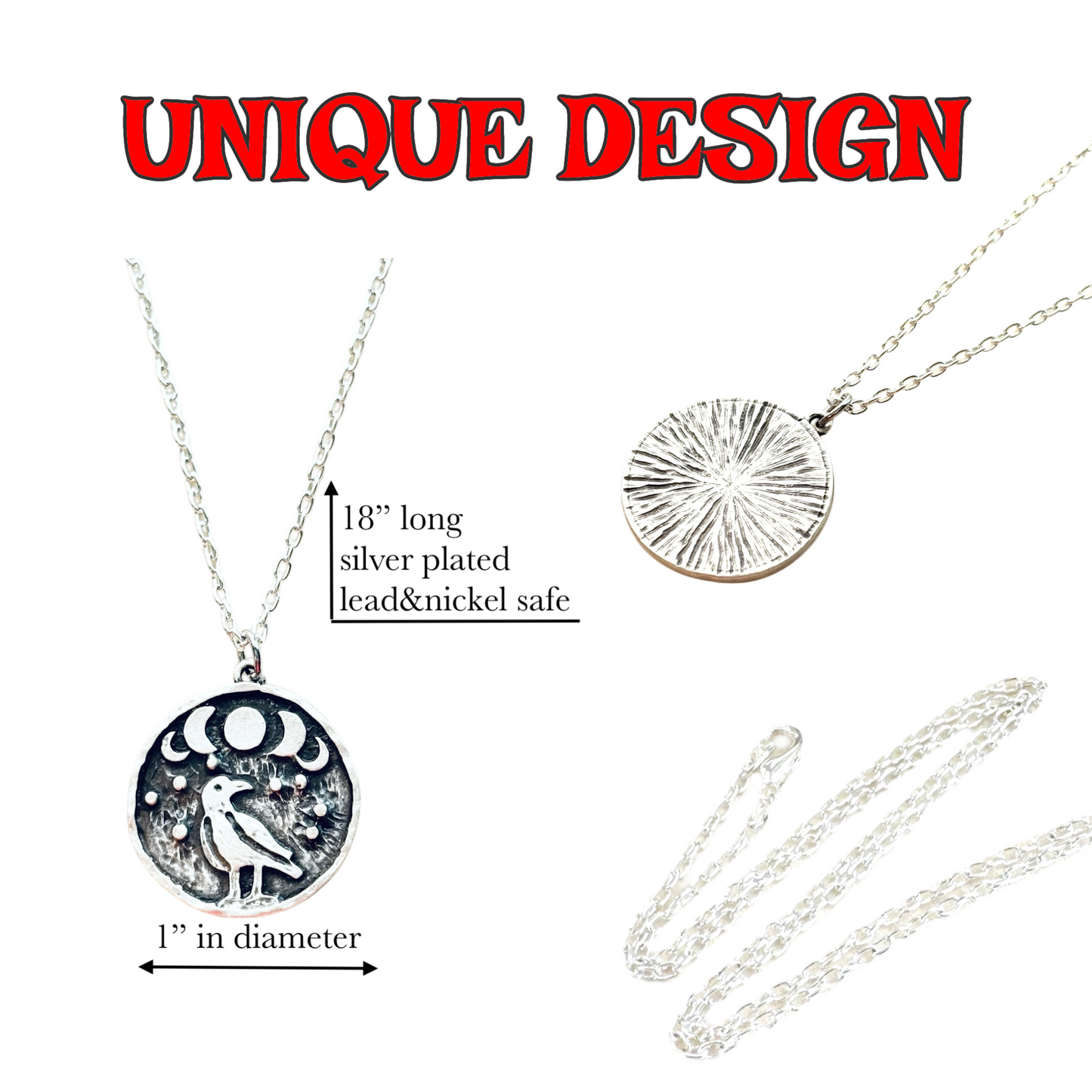 Crow coin necklace, Moon Phase Lunar Cycle Charm Pendant