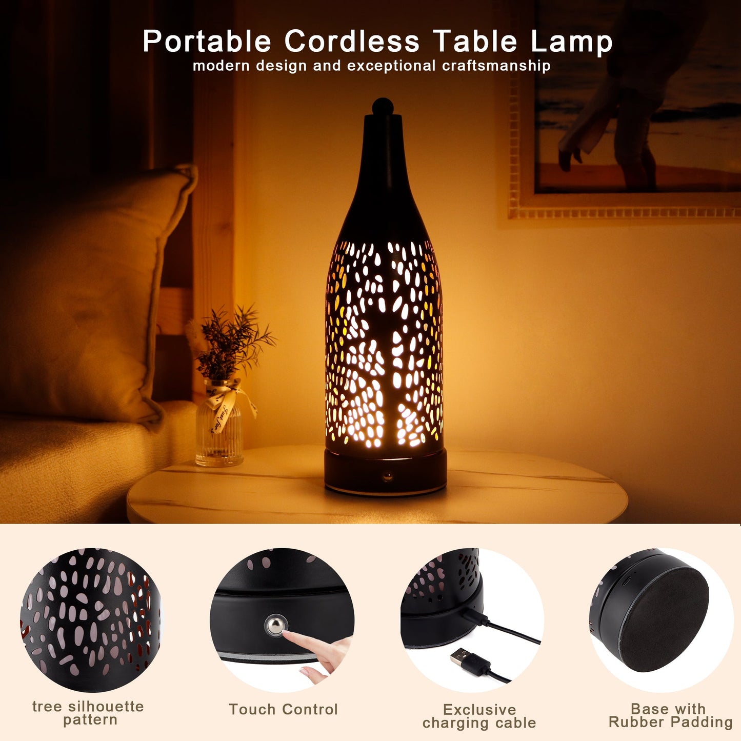 Cordless Table Lamp: 4000mAh Rechargeable, 3-Step Touch Dimmable (Cozy Lights)