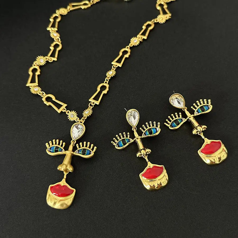 Minority Design Vintage Red Lip Nose Eye Pendant Necklace