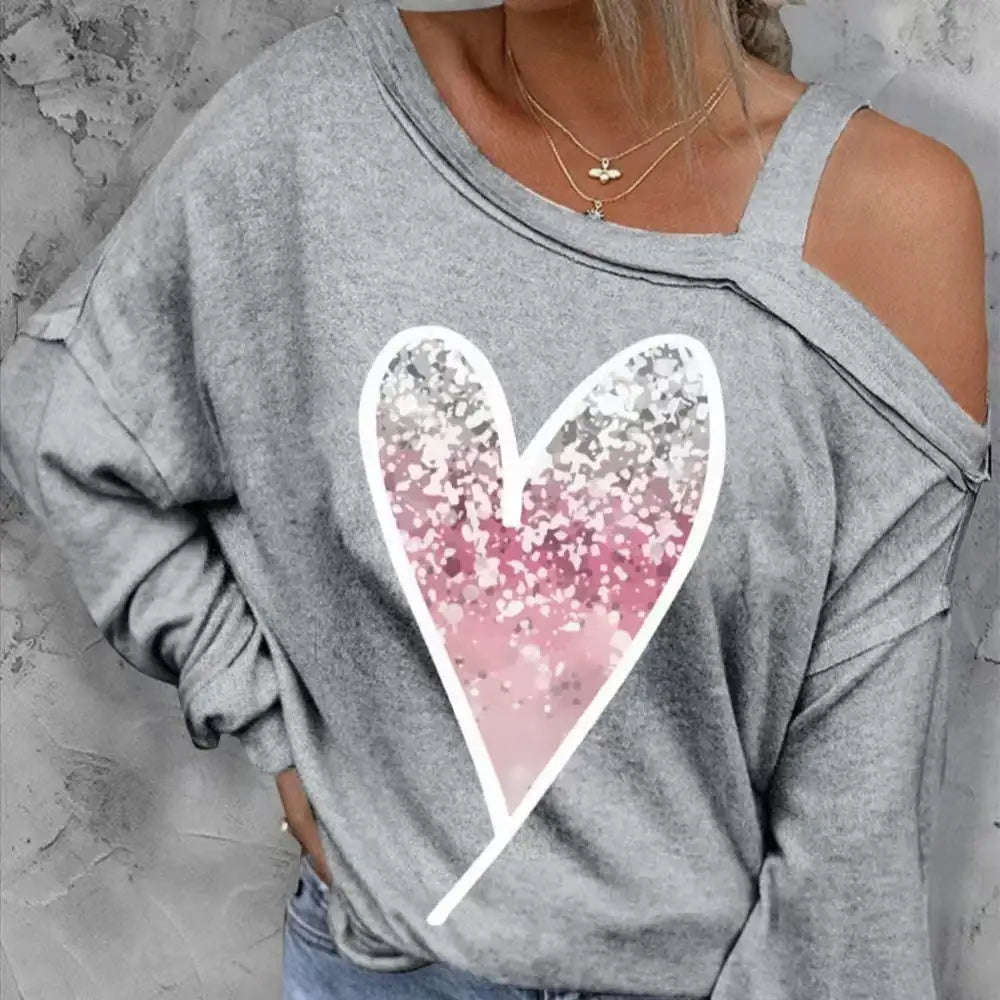 Ladies' Heart-shaped Cherry Blossom Graphic Print Asymmetric Dewdrop Shoulder Top Long Sleeved Shirt