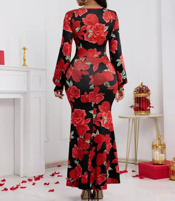 Ladies' V-neck Floral Print Fashionable Hip Hugging Dress