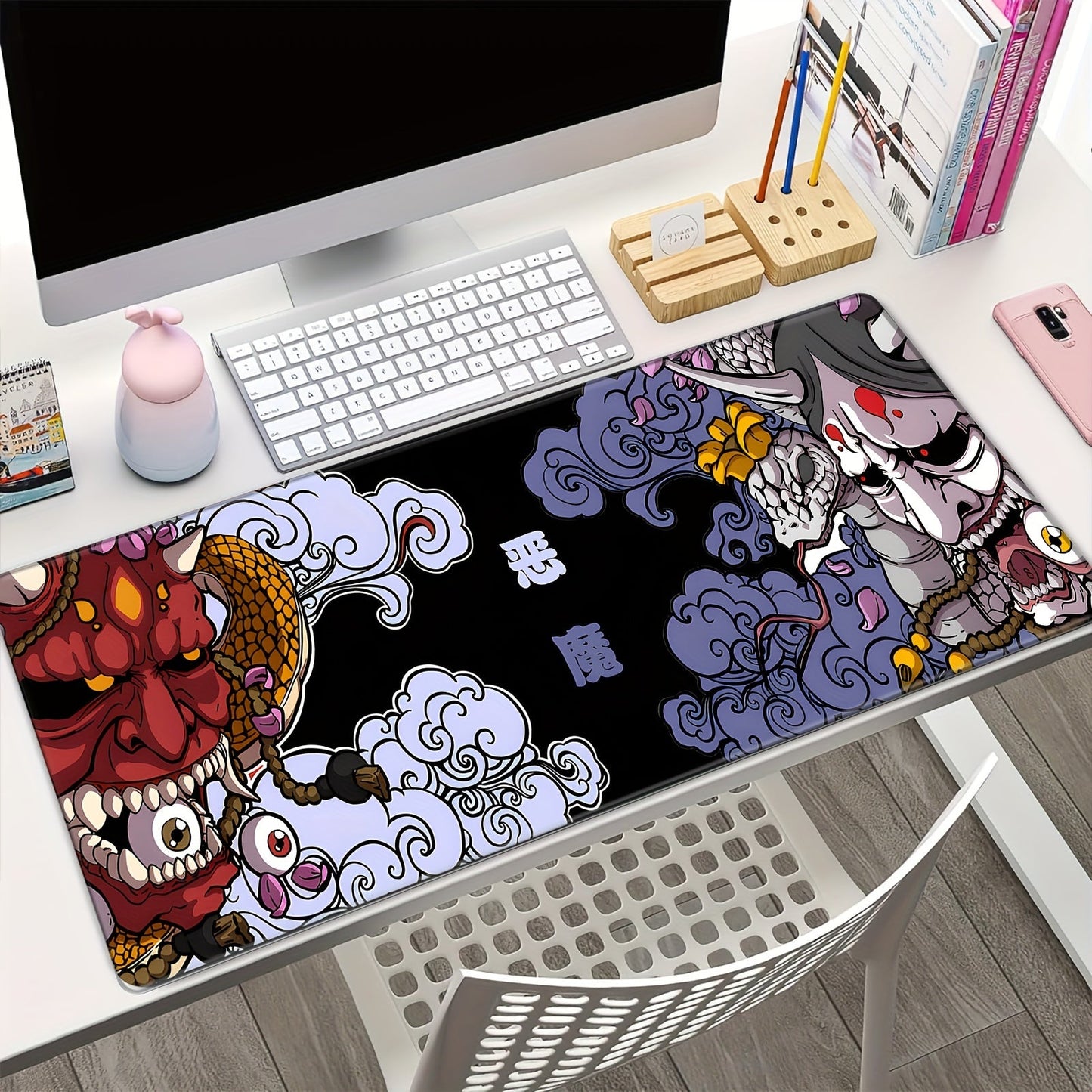 XXL Gaming Mouse Pad, Non-Slip Rubber Base Desk Mat, Washable Office Keyboard Pad with Japanese Oni Design, Mouse Pads for Desk