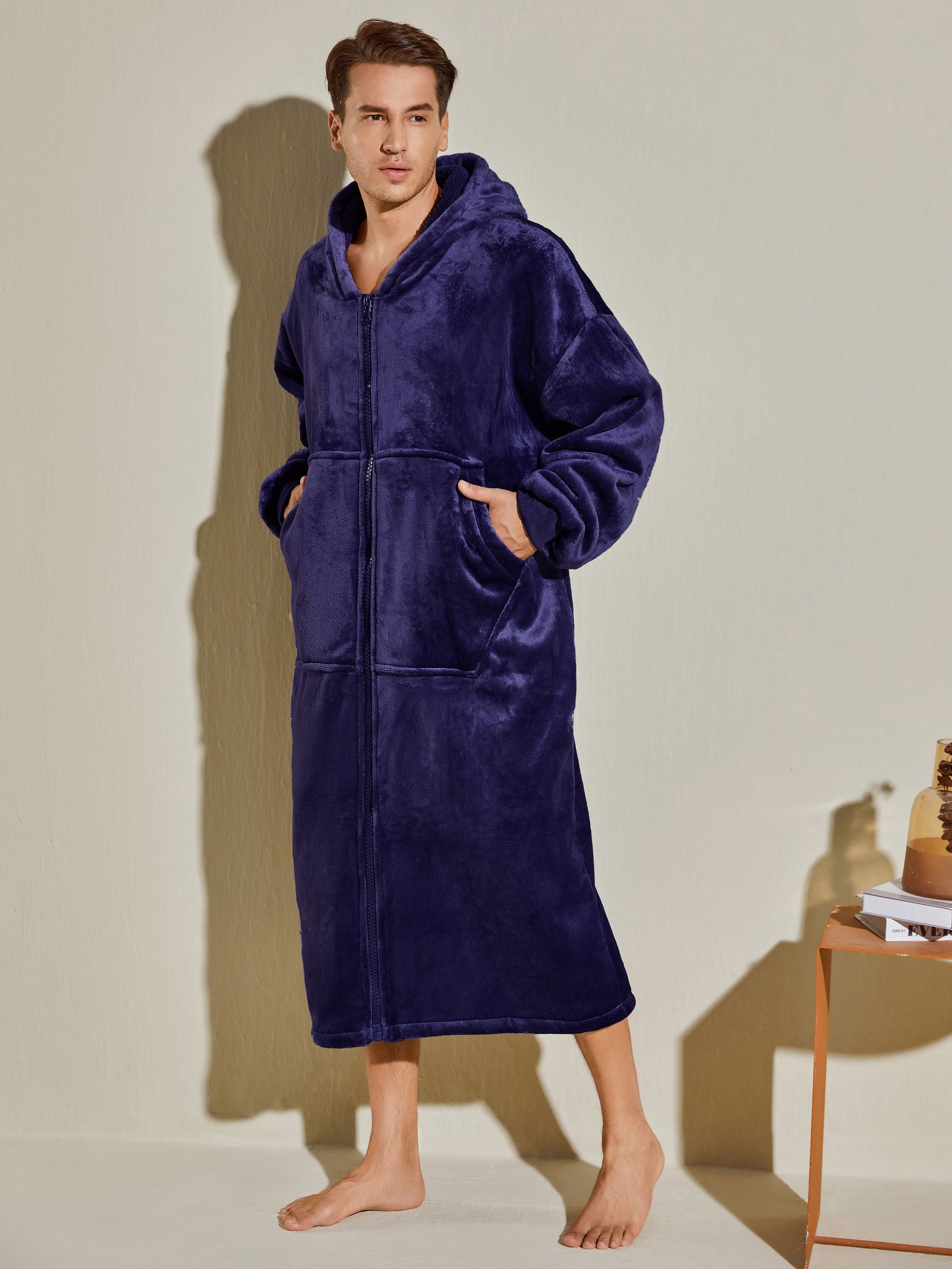 Men's Oversized Warm And Comfortable Flannel Blanket Robe, Long Sleeve Zipper Hoodie Sweatshirt Hooded Sleep Robe With Deep Pocket Pajamas Loungewear Robe For Autumn Winter