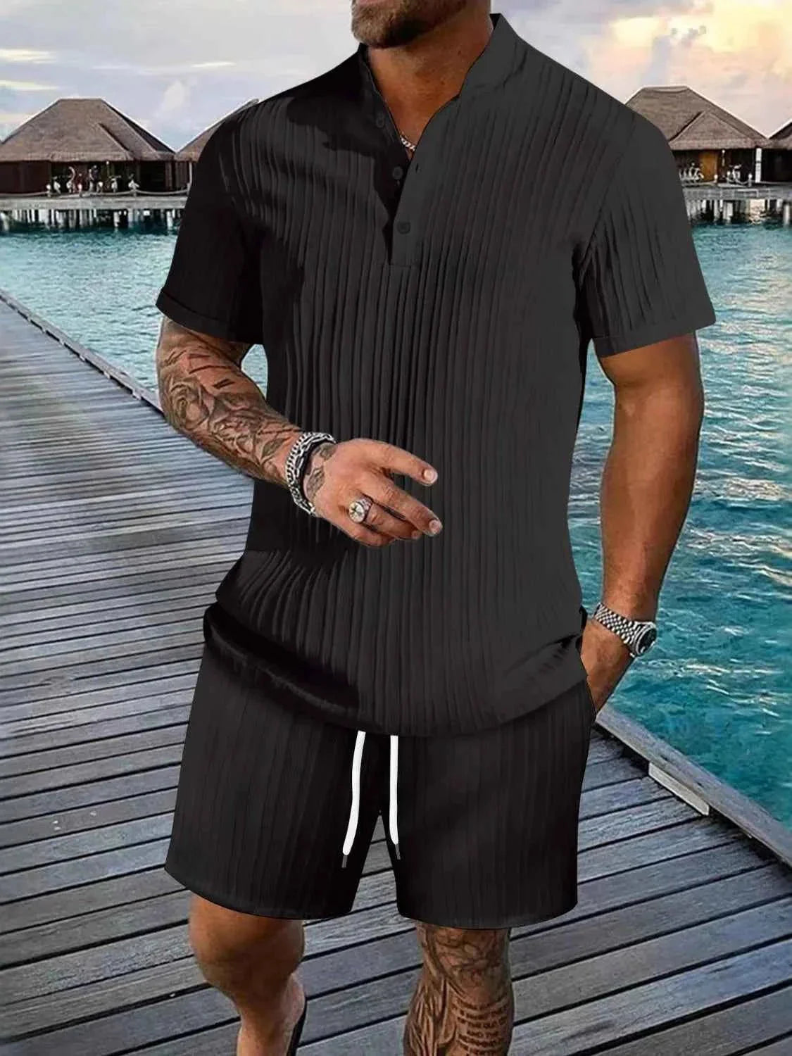 Men's Plus Size Short Sleeve Shirt and Shorts Set - Two Piece Summer Outfit