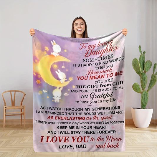 1pc To My Daughter Sentimental Message Throw Blanket, Soft Flannel Blanket With Moon Theme, Loving Gift From Dad For Indoor, Cozy Home Decor
