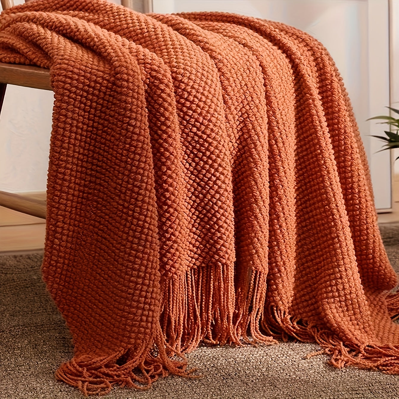 1pc Knit Throw Blanket Long Tassel Lightweight Blanket Bubble Textured Soft Blanket For Bed Couch Sofa Chair Outdoor Picnic All Season Use Orange