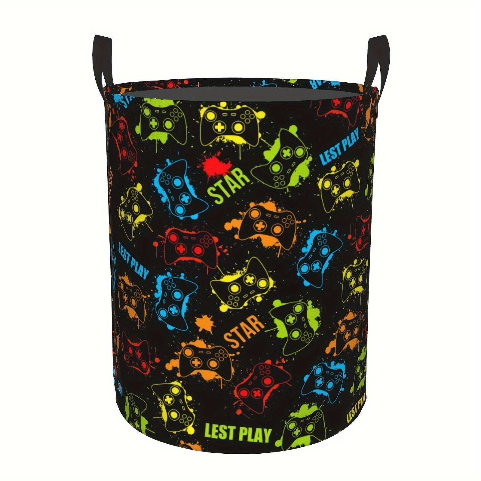 Gamer Laundry Basket with Handles - Casual Polyester Round Gamepad Storage Hamper for Bedroom, Gaming Room Decor, Dirty Clothes Organizer - Premium  from Lizard Vigilante - Just $15.99! Shop now at Lizard Vigilante