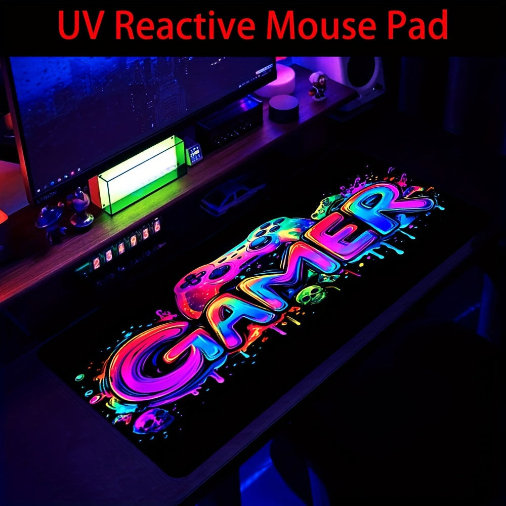 Extra-Large Gaming Mouse Pad with UV Black Light Feature - Non-Slip, Washable Rubber Base, Game Console Design Desk Mat for Gamers and Office Use