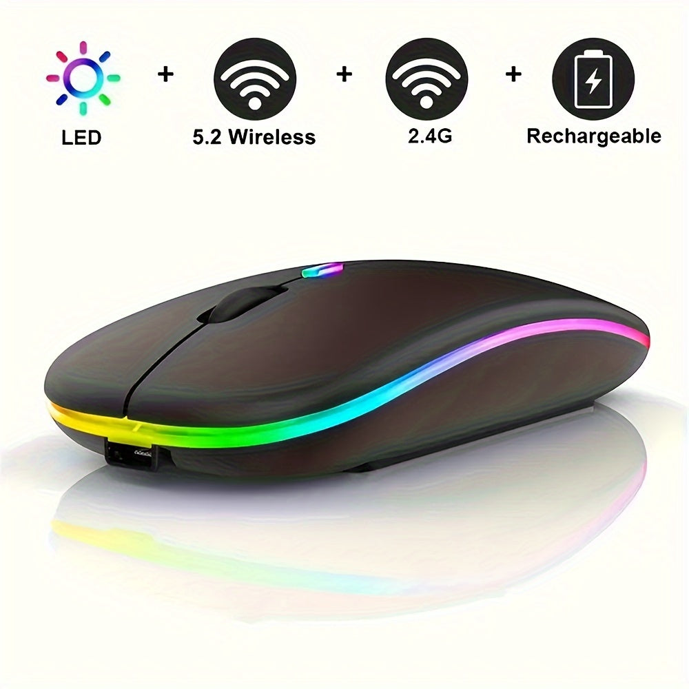 Wireless Rechargeable LED Backlit Gaming Mouse with 2.4G/5.2G Dual Mode, Ultra-Thin, Silent, Universal Compatibility for Laptops, Desktops, and Tablets