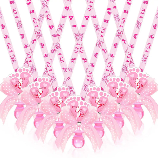 XunYee 36 Pcs Baby Shower Necklace Gender Reveal Pacifier Necklaces Cute Feet Acrylic Baby Pacifiers Necklaces for Baby Shower Funny Pacifiers for Babies Party Favors(Pink)
