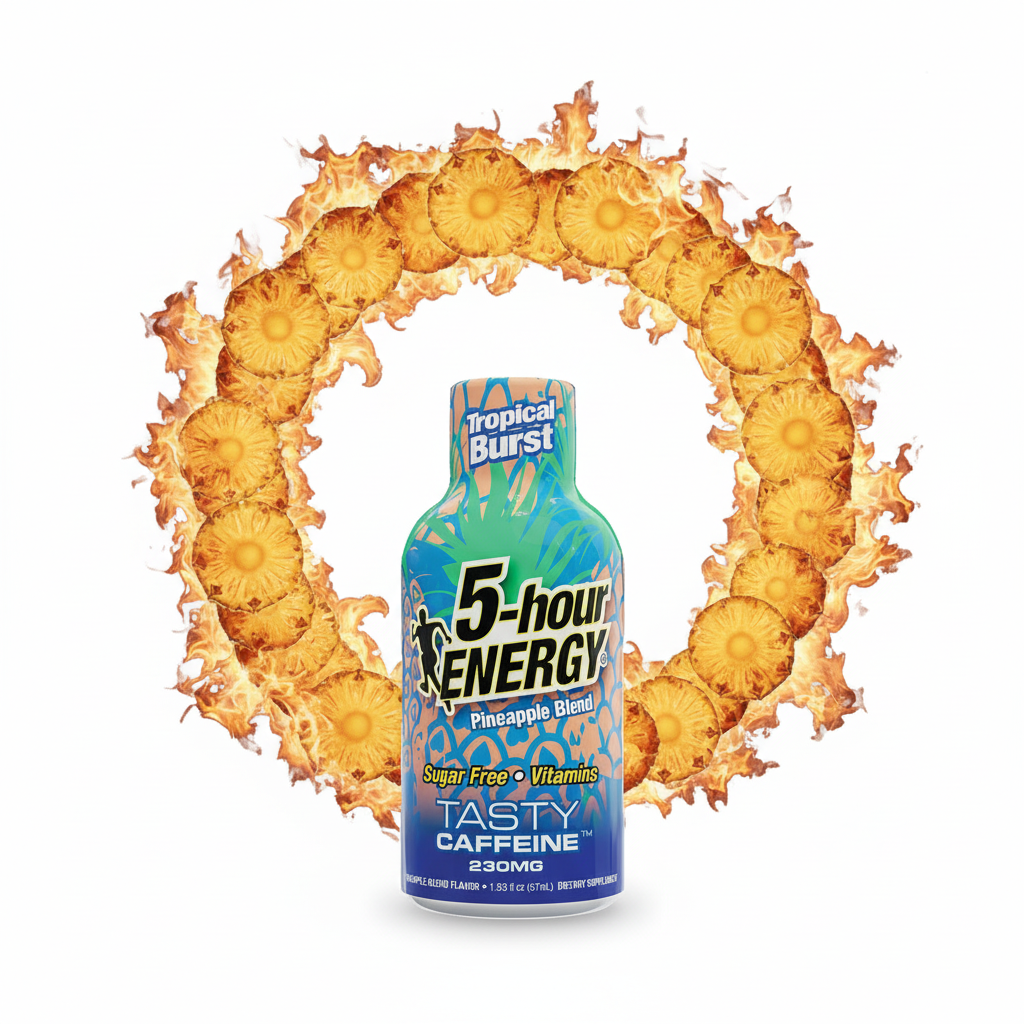 5-hour ENERGY Tropical Burst Pineapple Blend energy drink bottle on a white background