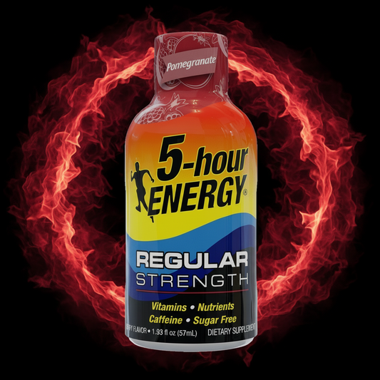 5-hour ENERGY bottle with pomegranate flavor on a black background