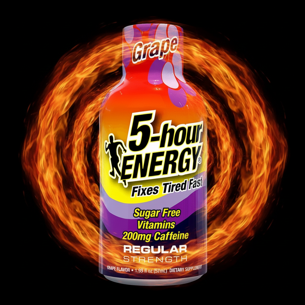 5-hour ENERGY grape flavor supplement bottle on a black background