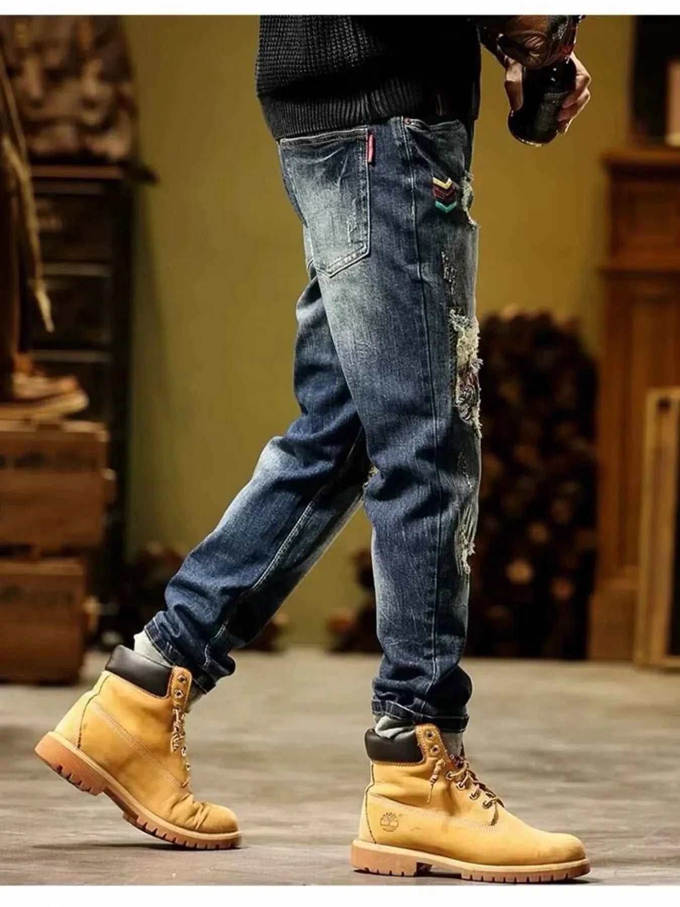 Men's Full Size Distressed Wash Slim Fit Jeans Plus Size