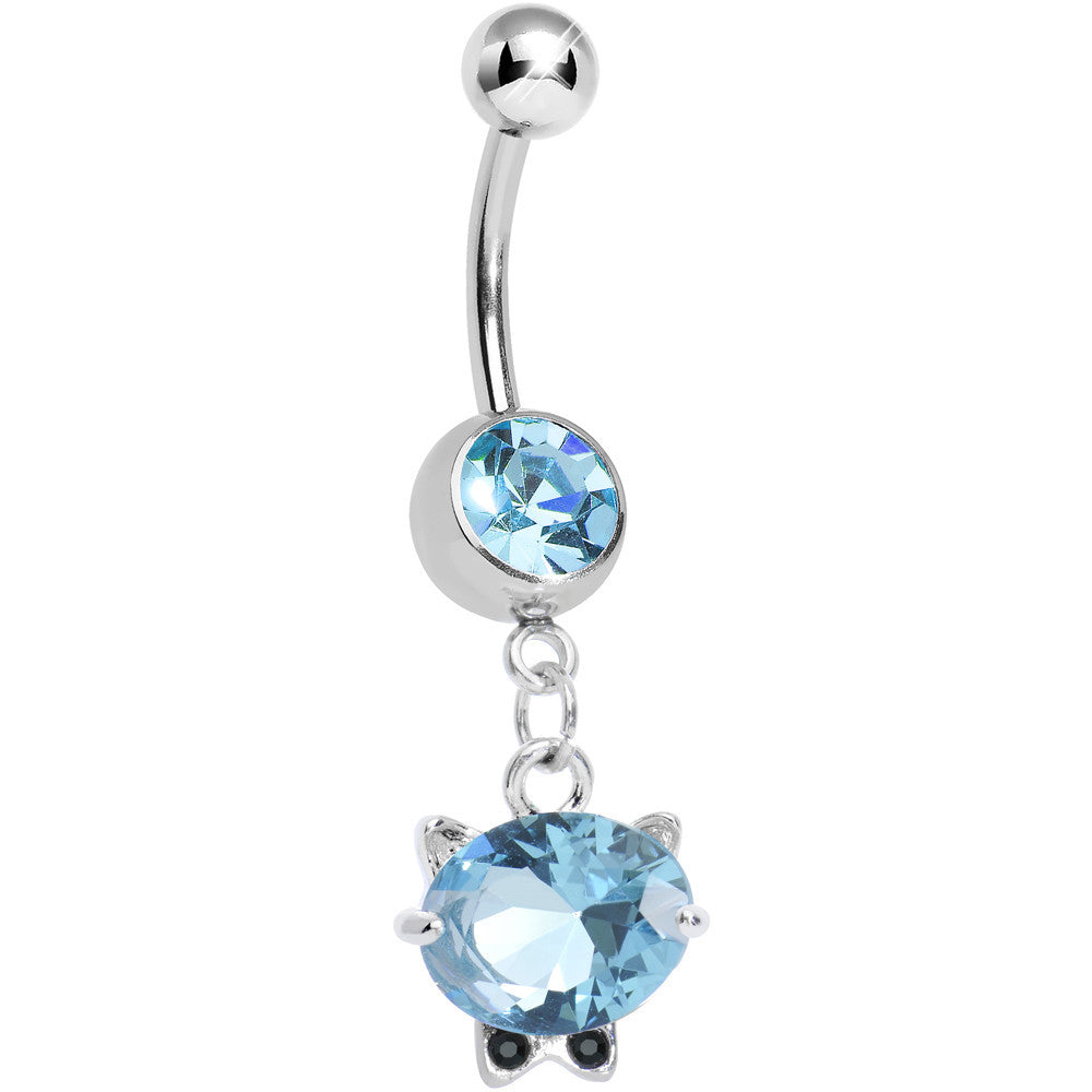 Aqua Gem Black Tie Affair Swanky Crystal Cat Head Dangle Belly Ring
