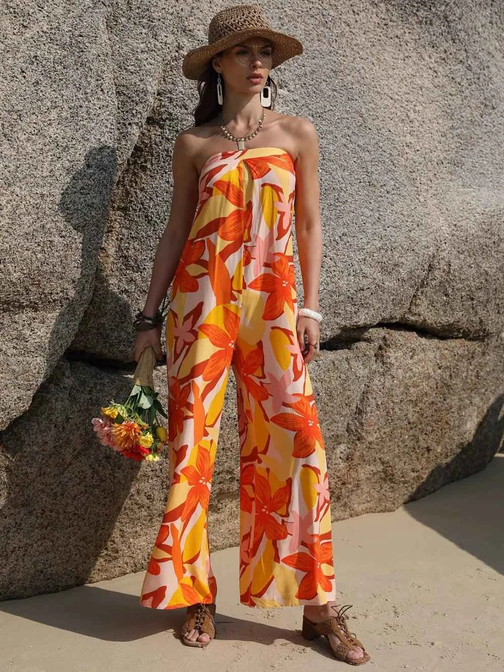 Tied Printed Tube : Wide Leg Jumpsuit