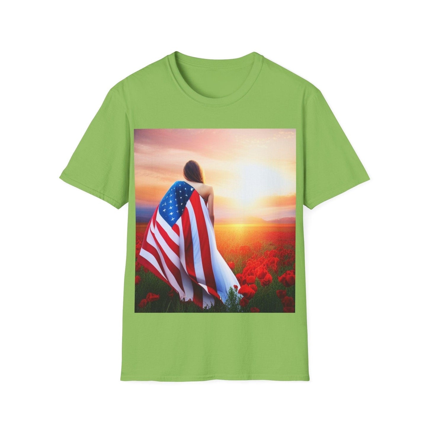 American Woman! Patriot Draped Red, White, and Blue Flag Over Shoulder Looking at Beautiful Horizon Unisex Softstyle T-Shirt - Lizard Vigilante