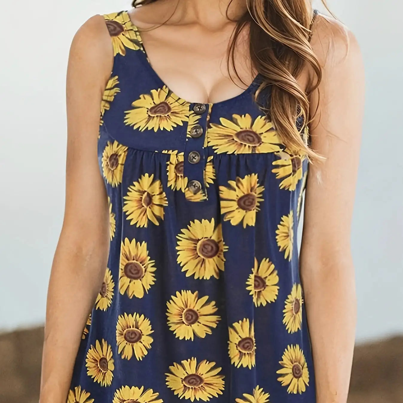 Ladies' Sunflower Print Casual Elegant Style Button Knit Detail Fashionable Vest