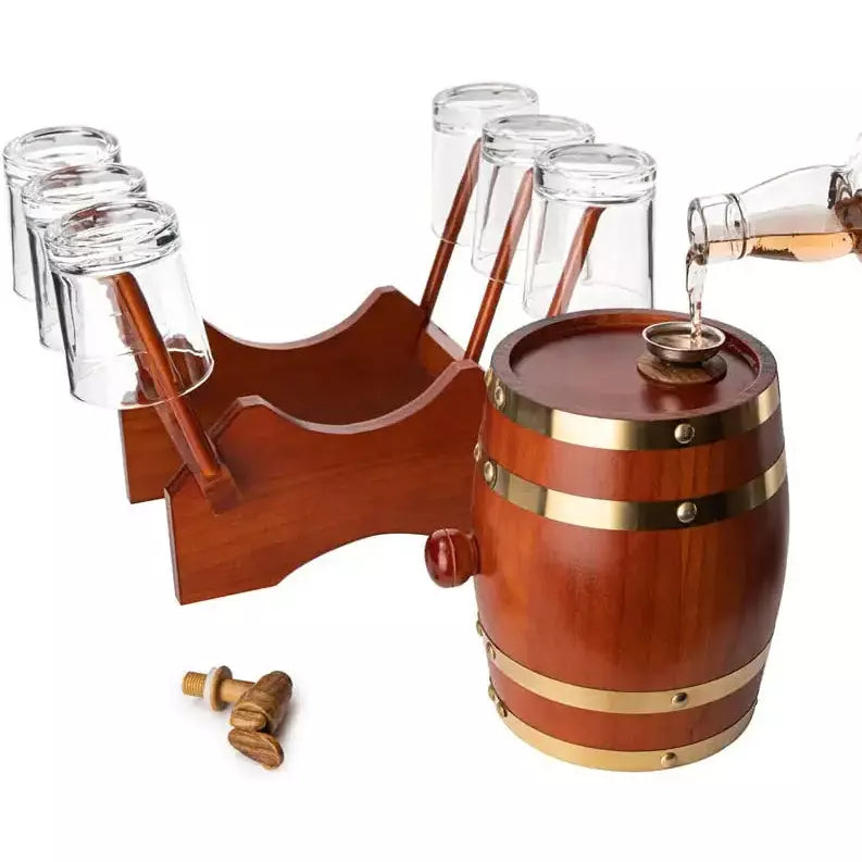 Barrel Decanter with 6 Whiskey Glasses by The Wine Savant - 1000 mL Mahogany Wood Old Fashioned Classic Whiskey Decanter Set, Gifts for Him, Father's Day, Gift Ideas