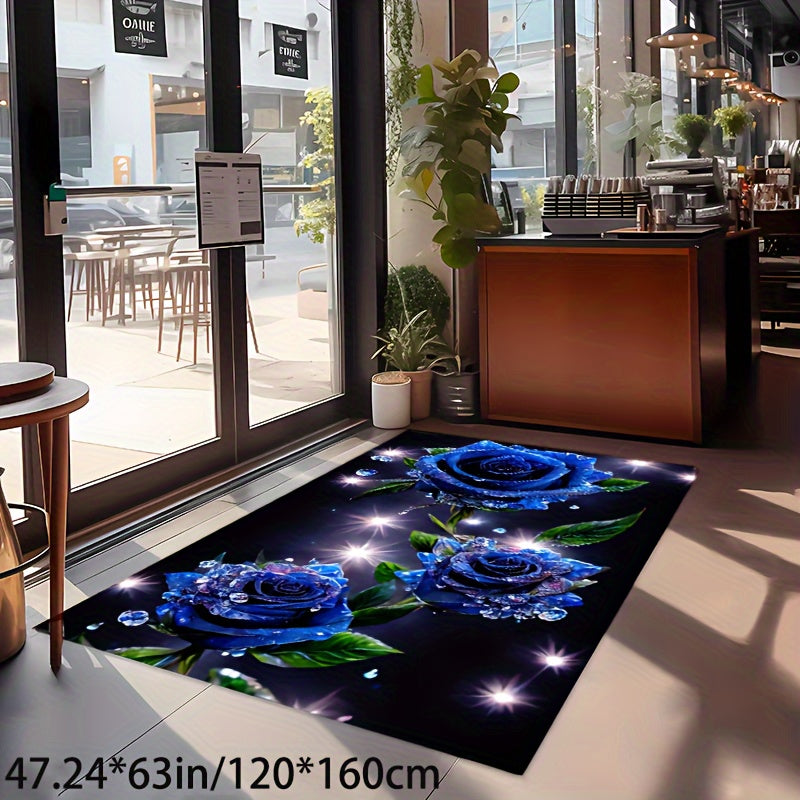 Crystal Velvet Romantic Valentine's Day Blue Fairy Rose Earth Blanket Area Rug Hotel Living Room Bedroom Soft Carpet Machine Washable Non-slip Backing Office Entryway Indoor Decorative Carpet Floor Mat For Hotel/Restaurant/Of