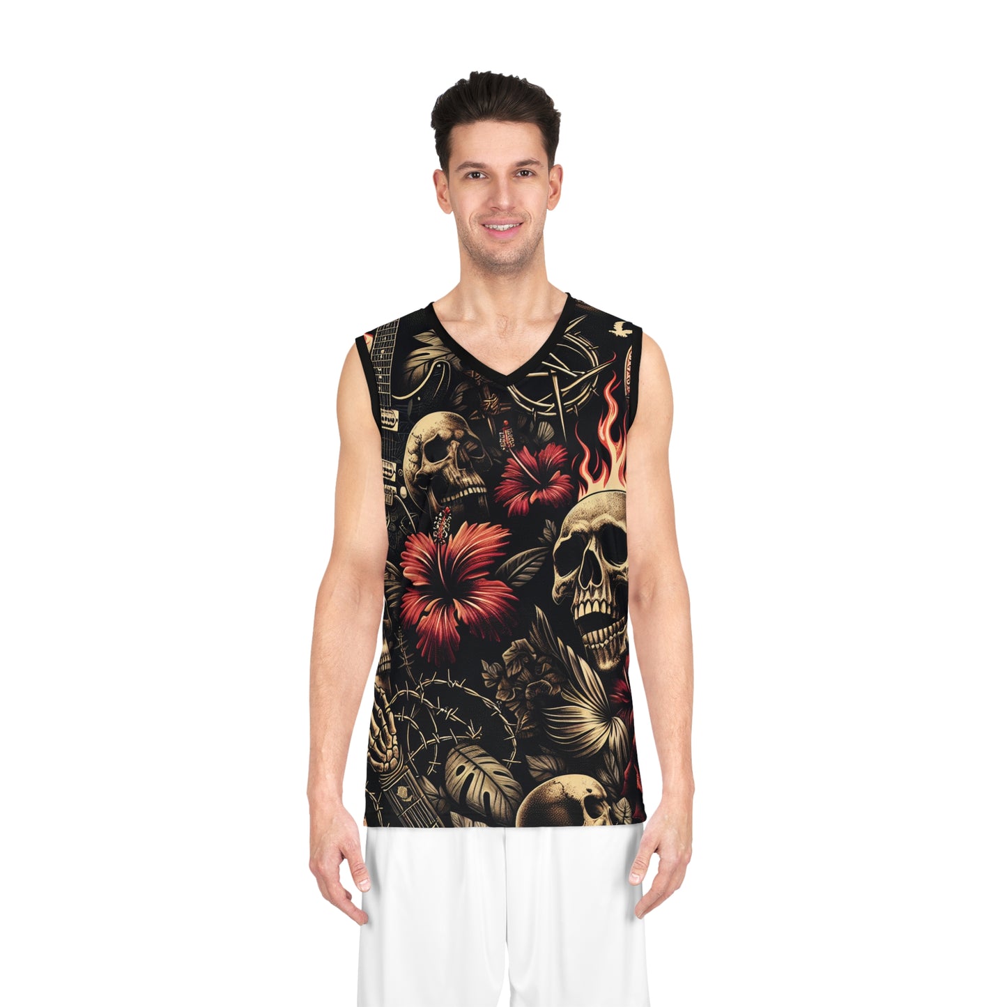 Gothic Basketball Jersey, Edgy Sportswear for Music Lovers, Festival Outfit, Unique Athletic Apparel, Skull and Floral Design