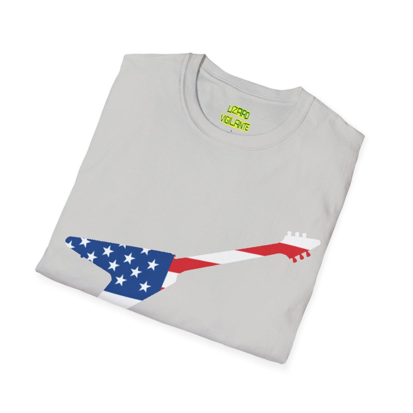 American Flag Colored Flying V Electric Guitar Unisex Softstyle T-Shirt - Lizard Vigilante