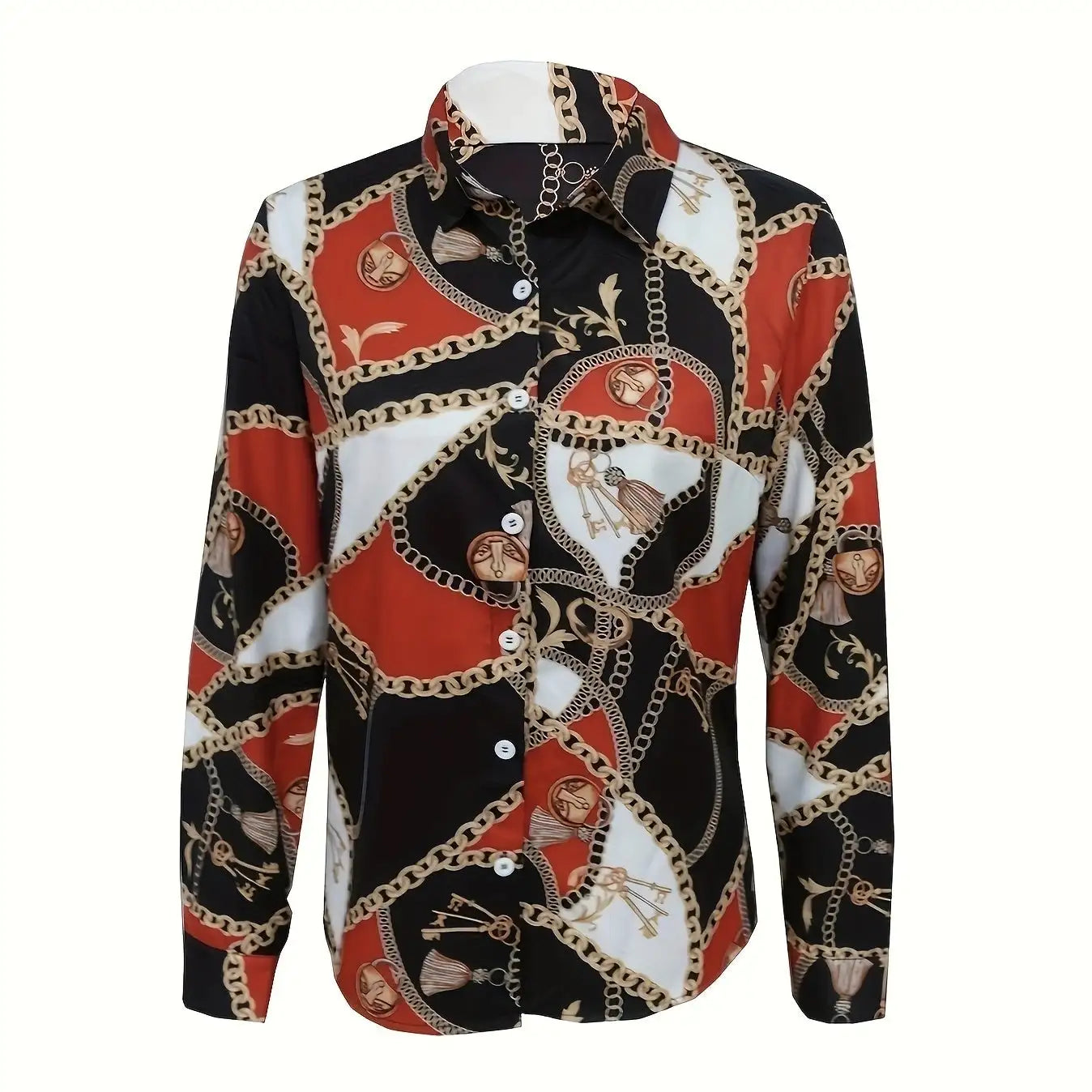 Ladies' Sexy Button Up Shirt With Fashionable Chain Print V-neck Lapel Long Sleeved Top