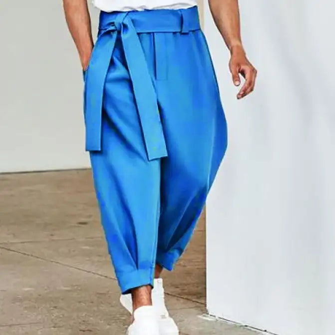 Men's Loose Solid Color Cropped Pants Belt Decoration European And American