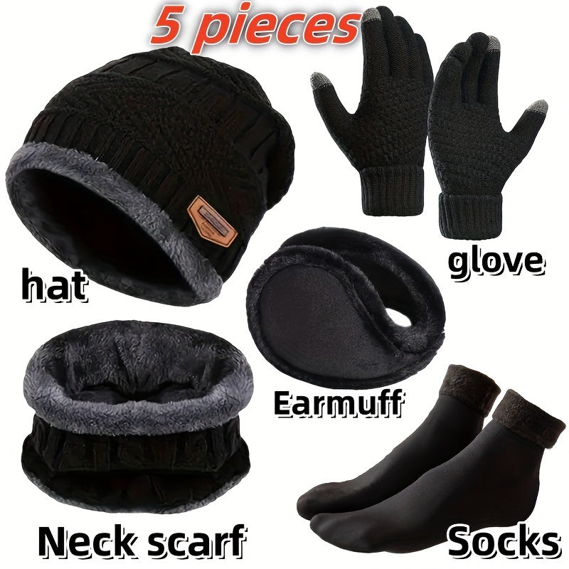 5pcs Winter Warmth Kit: Men's Sporty Knit Beanie, Faux Fur Earflaps, Non-Slip Socks & Gloves - Ultimate Cold Weather Gear Set for Outdoor Adventures - Premium  from Lizard Vigilante - Just $11.99! Shop now at Lizard Vigilante