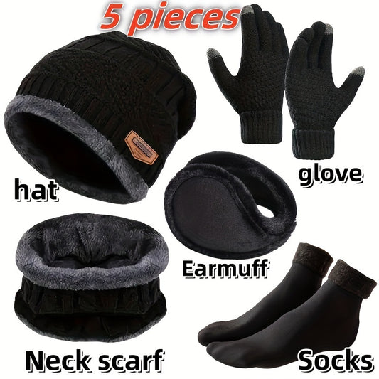 5pcs Winter Warmth Kit: Men's Sporty Knit Beanie, Faux Fur Earflaps, Non-Slip Socks & Gloves - Ultimate Cold Weather Gear Set for Outdoor Adventures - Premium  from Lizard Vigilante - Just $11.99! Shop now at Lizard Vigilante