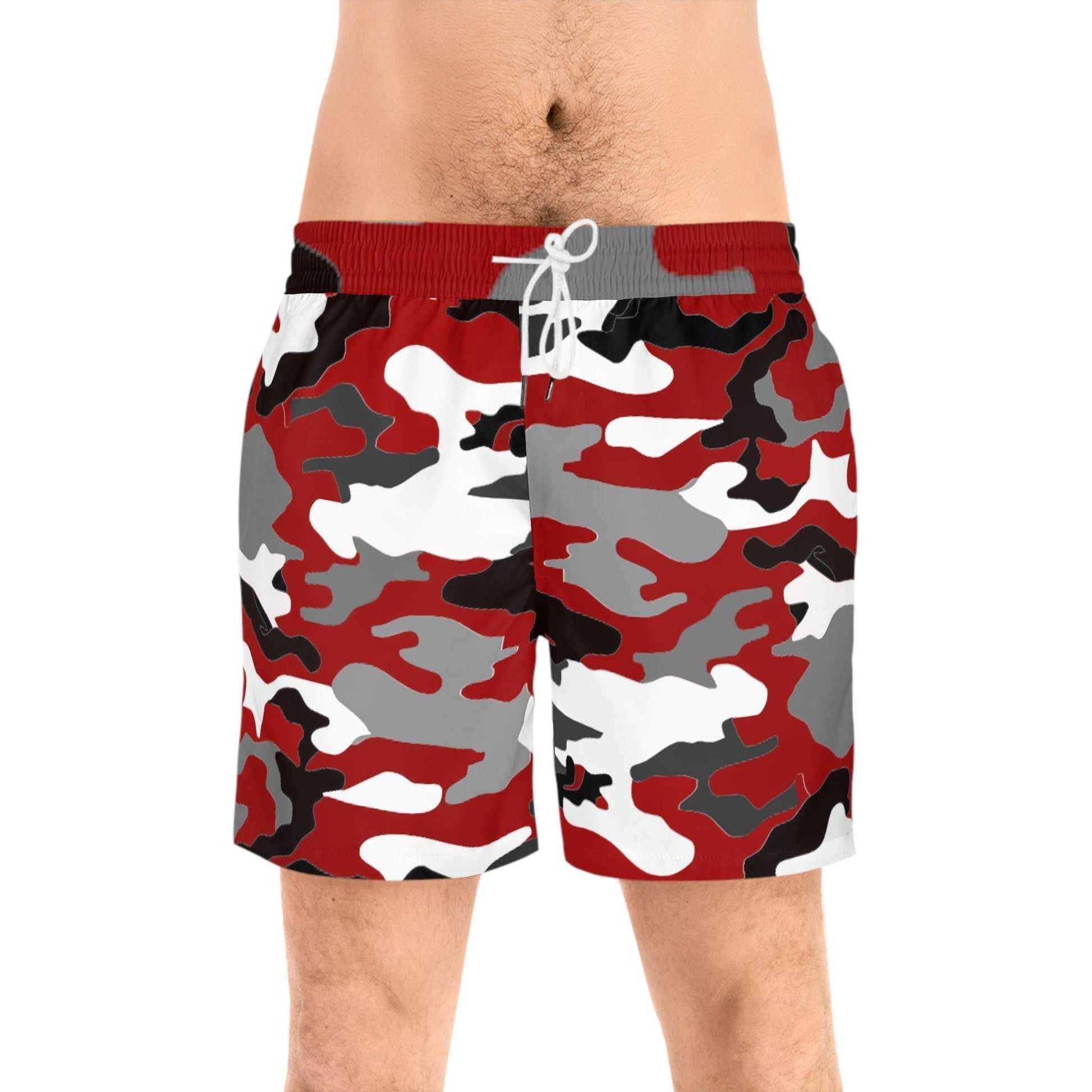 Red Black White Gray Camouflage Men's Mid-Length Swim Shorts (AOP) - Lizard Vigilante