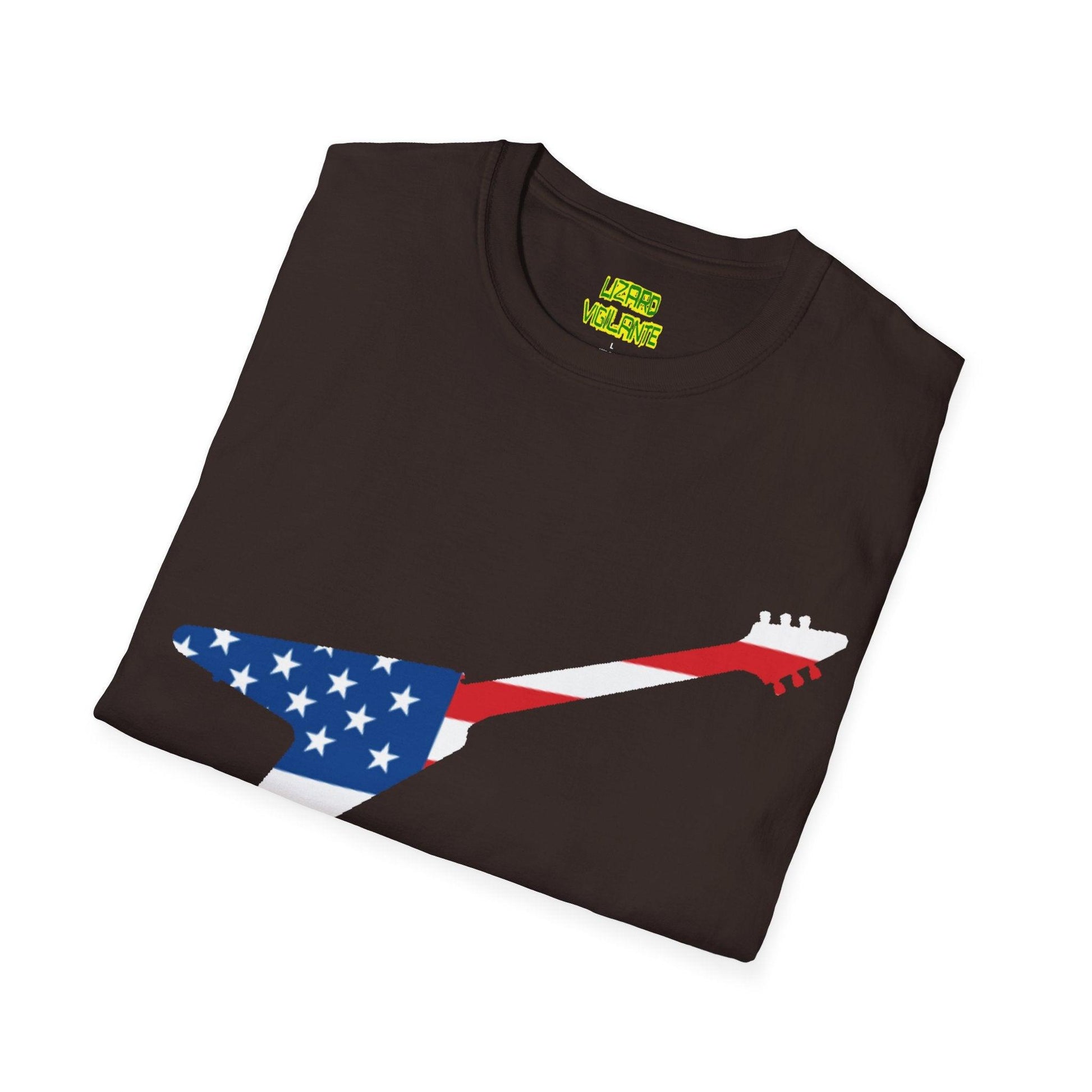 American Flag Colored Flying V Electric Guitar Unisex Softstyle T-Shirt - Lizard Vigilante