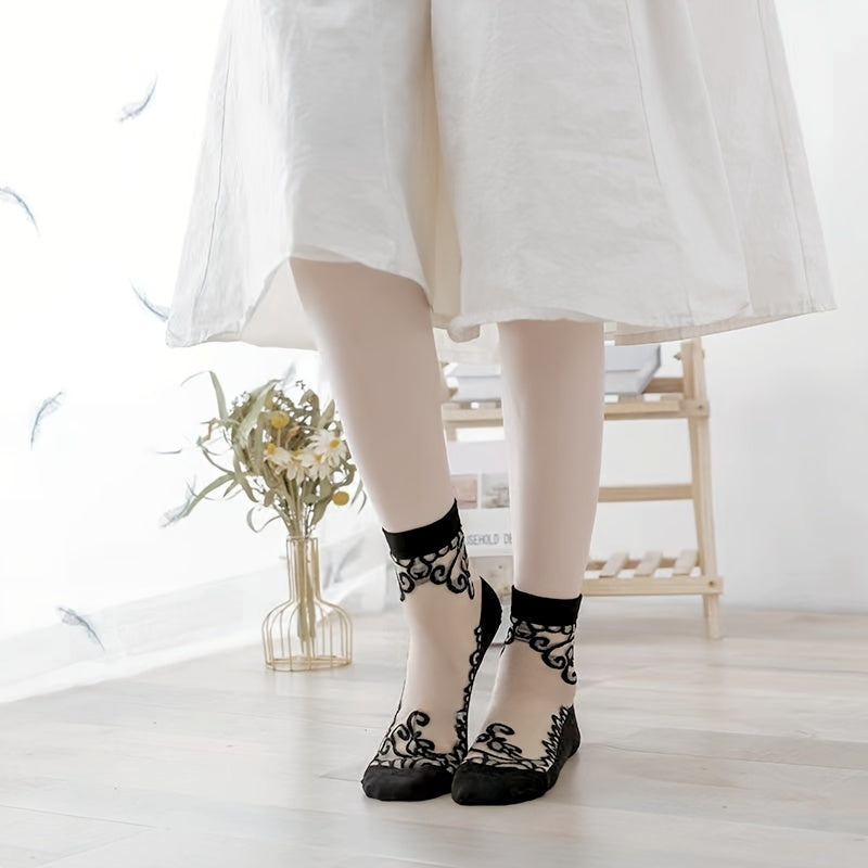 5 Pairs Embroidered Mesh Socks, Thin & Comfy Mid Tube Socks, Women's Stockings & Hosiery