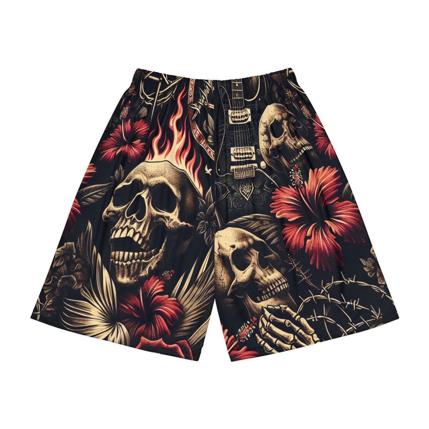 Skull Floral Sports Shorts for Men, Cool Summer Wear, Beach Shorts, Festival Outfit, Activewear Bottoms, Gothic Style