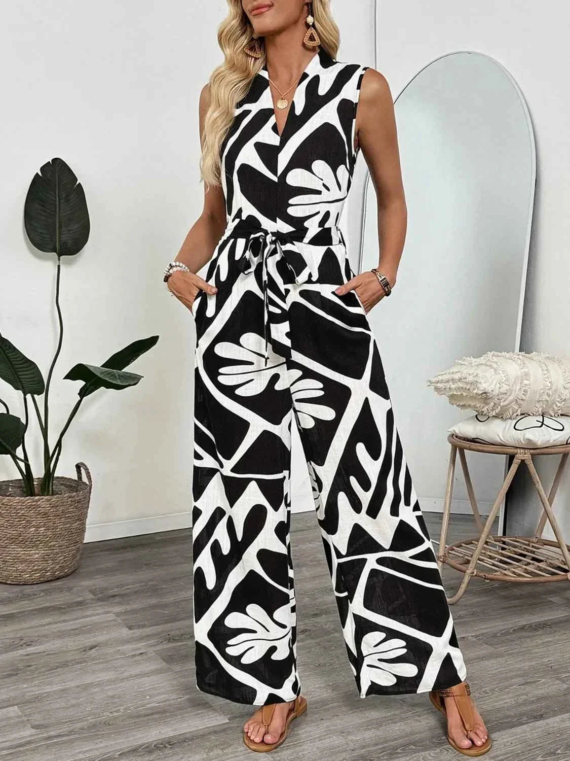 Printed Sleeveless : Wide Leg Jumpsuit