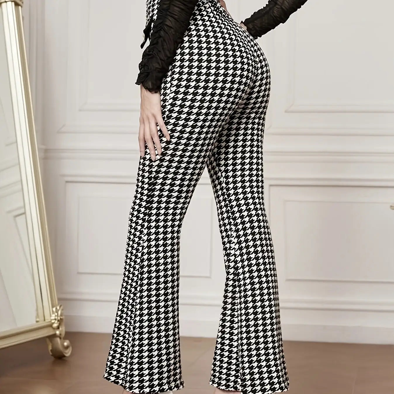 Women's Versatile Pants With Contrasting Colors, High Waisted Front Fake Pocket, Casual And Elegant Style, Hound Print Flared Pants