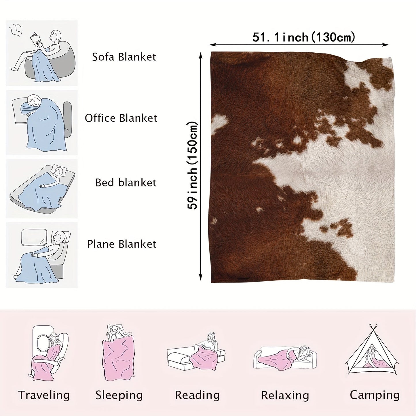 1pc Soft Flannel Rustic Cowhide Printed Blanket Shawl - Throws for Sofa, Lunch Break, and Napping - Ultra-Soft, Skin-Friendly, Casual, Multi-Purpose, and Perfect for Indoor and Outdoor Use