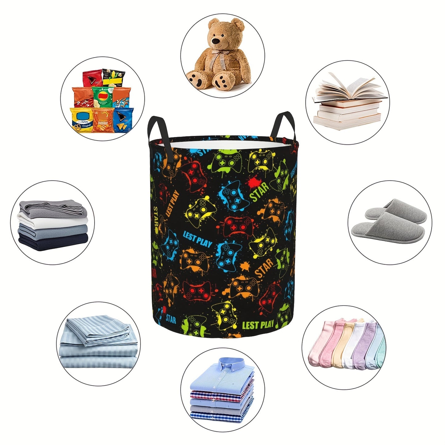 Gamer Laundry Basket with Handles - Casual Polyester Round Gamepad Storage Hamper for Bedroom, Gaming Room Decor, Dirty Clothes Organizer - Premium  from Lizard Vigilante - Just $15.99! Shop now at Lizard Vigilante