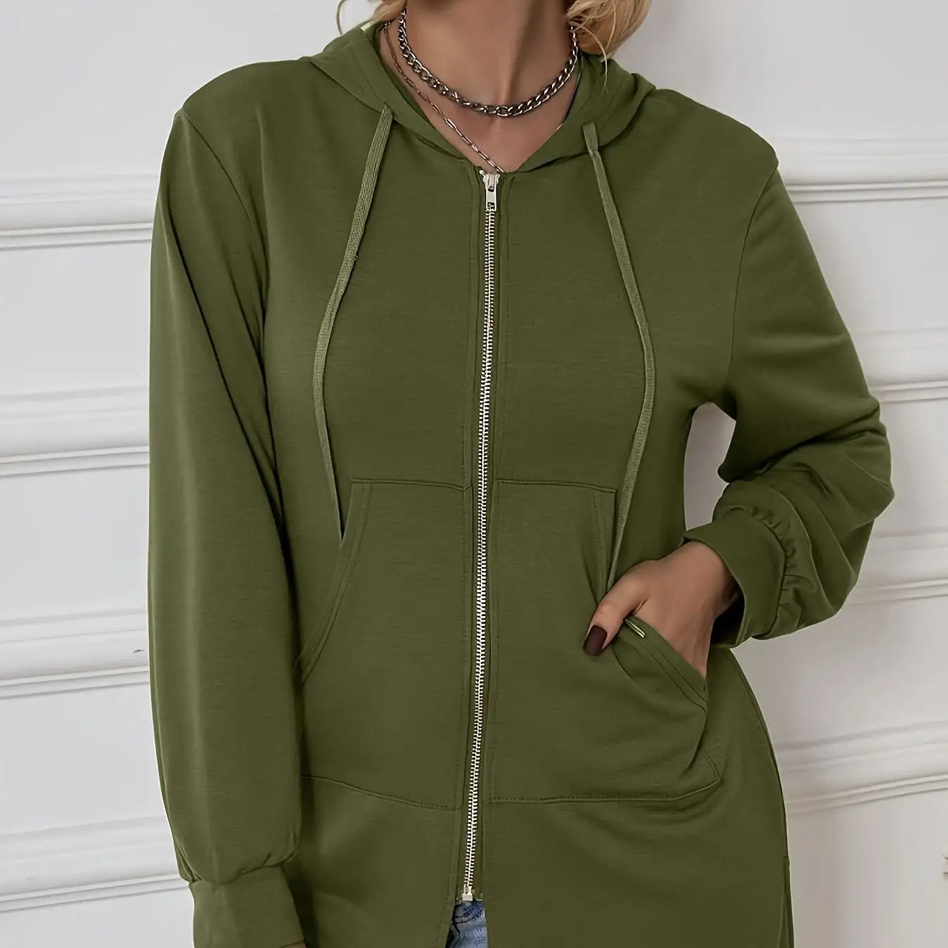 Women's Military Green Casual Sports Hooded Sweatshirt With Drawstring Zipper Jacket, Lightweight Top
