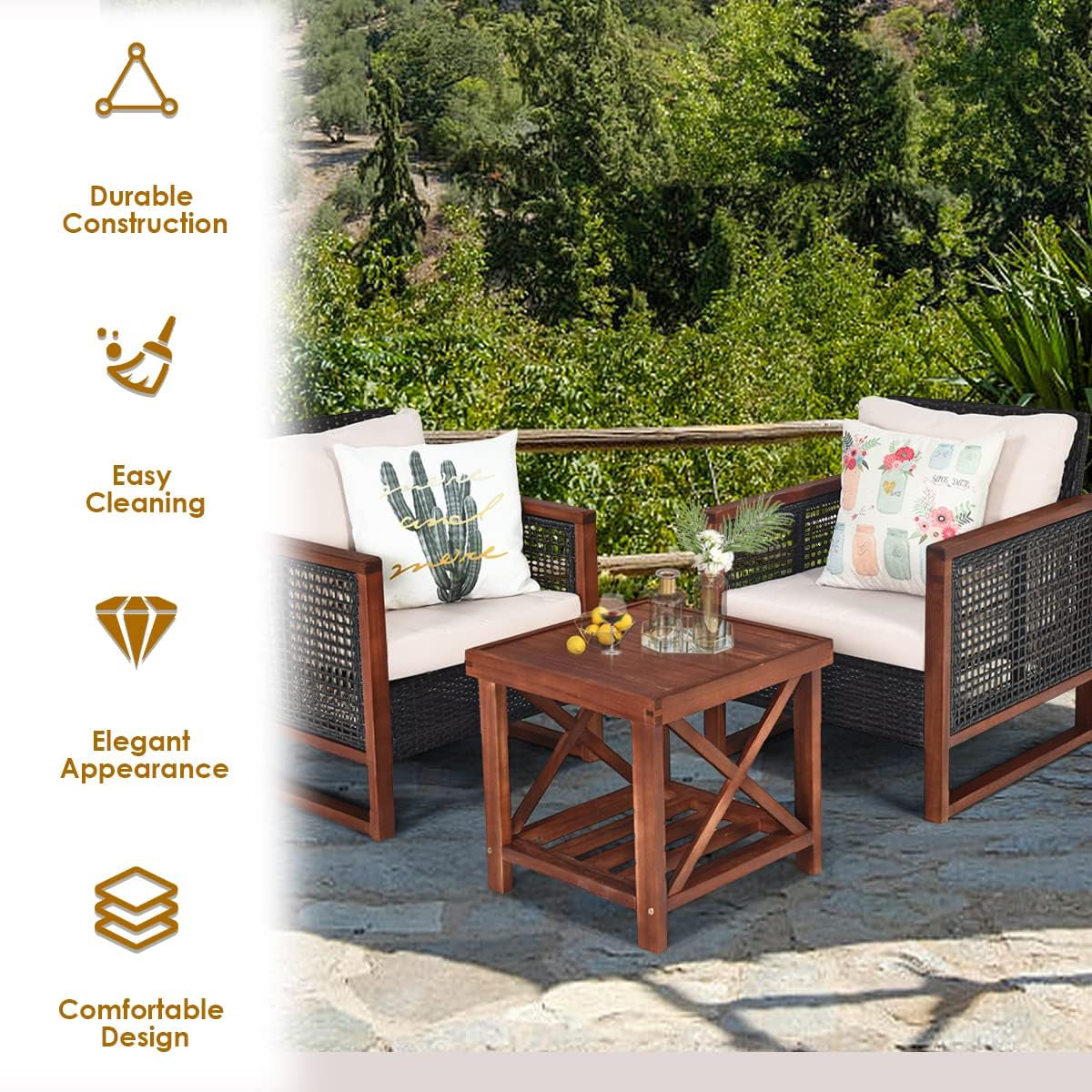 3 Pieces Outdoor Patio Furniture Set Wicker Chairs with Coffee Table, Balcony Porch Furniture Bistro Set with Wood Frame and Washable Cushions for Garden Poolside Backyard